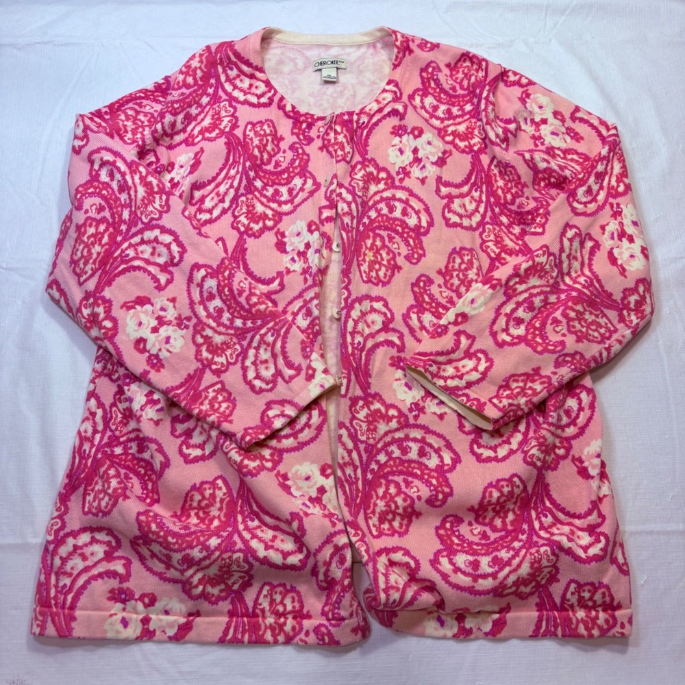 Cherokee Womens Pink Paisley Cotton Knit Button Front Cardigan Sweater XL 5301
